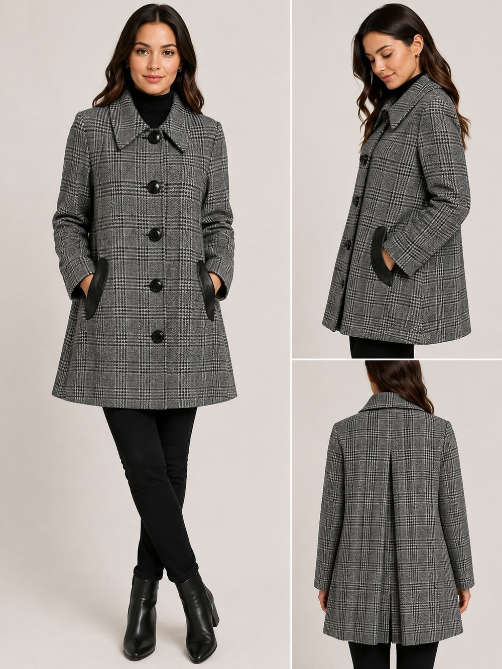 Jones New York Women’s L 100% Wool Plaid Coat Gray Black Button Front.